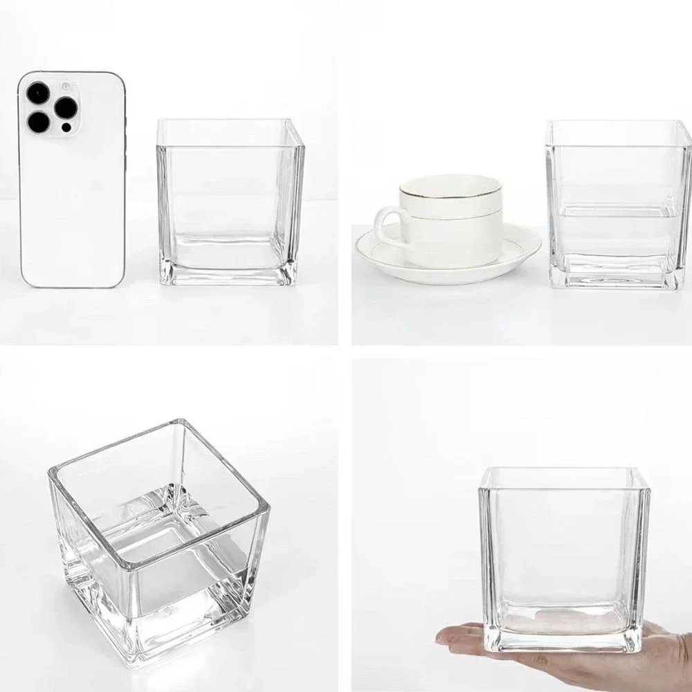 Set of 6 Clear Glass Square Cube Flower Vase 3.7in Modern Decorative